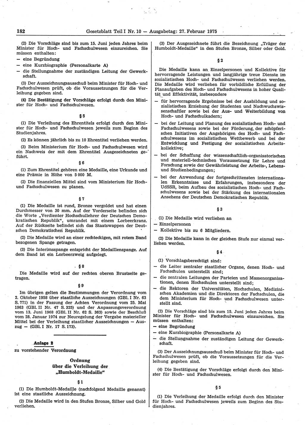 Gesetzblatt (GBl.) der Deutschen Demokratischen Republik (DDR) Teil Ⅰ 1975, Seite 182 (GBl. DDR Ⅰ 1975, S. 182)