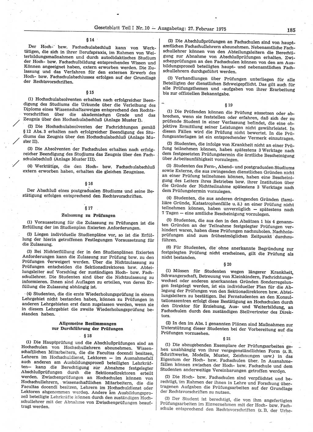 Gesetzblatt (GBl.) der Deutschen Demokratischen Republik (DDR) Teil Ⅰ 1975, Seite 185 (GBl. DDR Ⅰ 1975, S. 185)