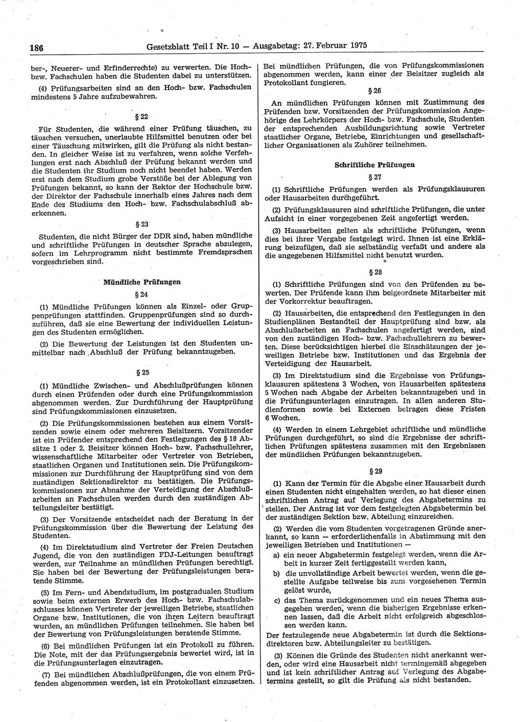 Gesetzblatt (GBl.) der Deutschen Demokratischen Republik (DDR) Teil Ⅰ 1975, Seite 186 (GBl. DDR Ⅰ 1975, S. 186)