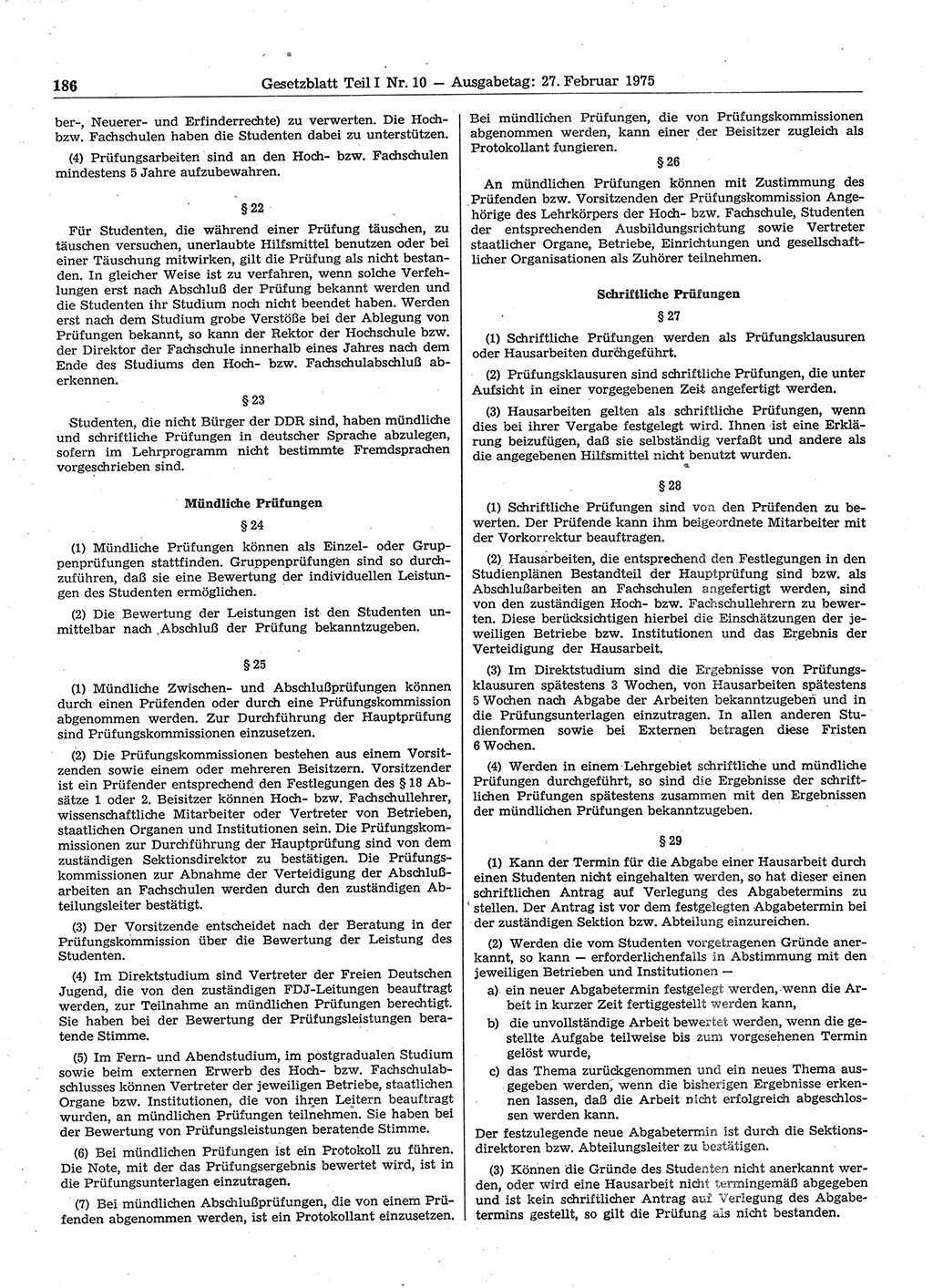 Gesetzblatt (GBl.) der Deutschen Demokratischen Republik (DDR) Teil Ⅰ 1975, Seite 186 (GBl. DDR Ⅰ 1975, S. 186)