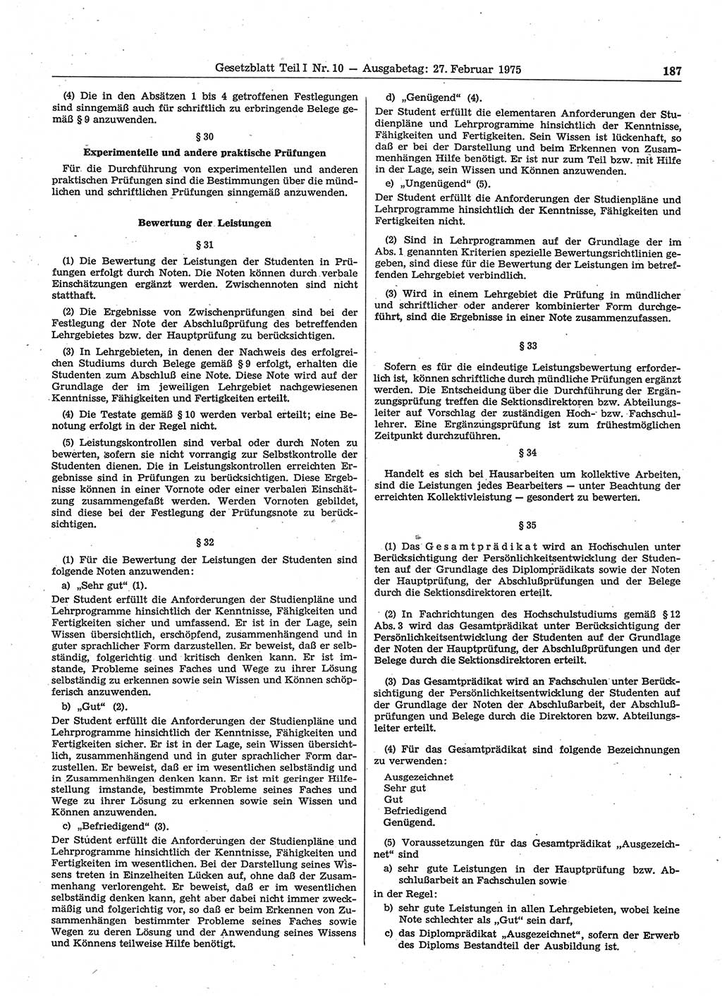 Gesetzblatt (GBl.) der Deutschen Demokratischen Republik (DDR) Teil Ⅰ 1975, Seite 187 (GBl. DDR Ⅰ 1975, S. 187)