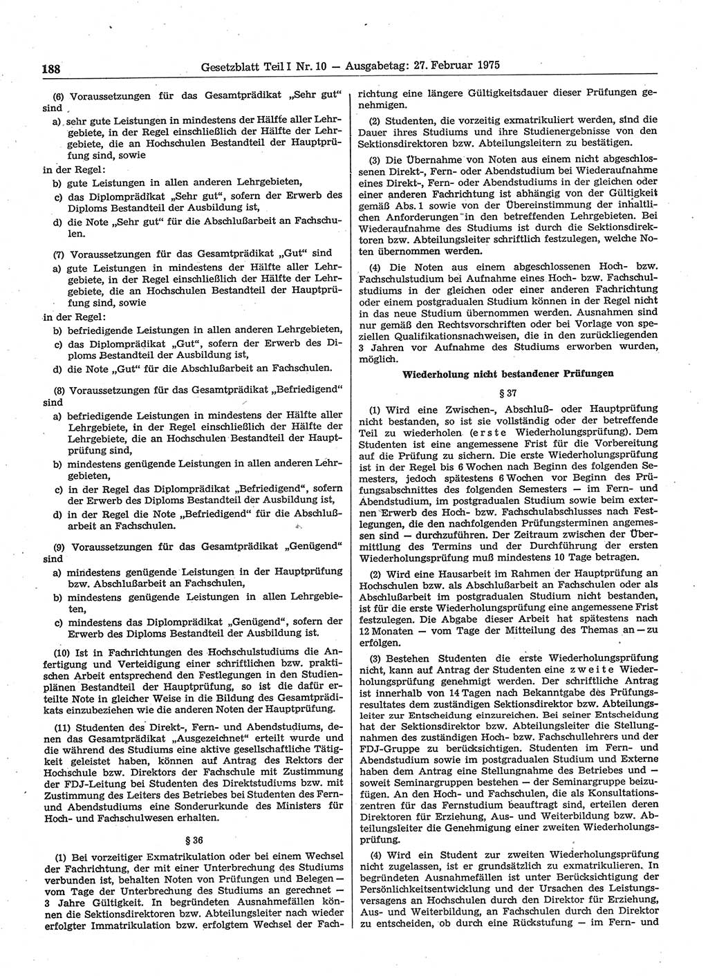 Gesetzblatt (GBl.) der Deutschen Demokratischen Republik (DDR) Teil Ⅰ 1975, Seite 188 (GBl. DDR Ⅰ 1975, S. 188)