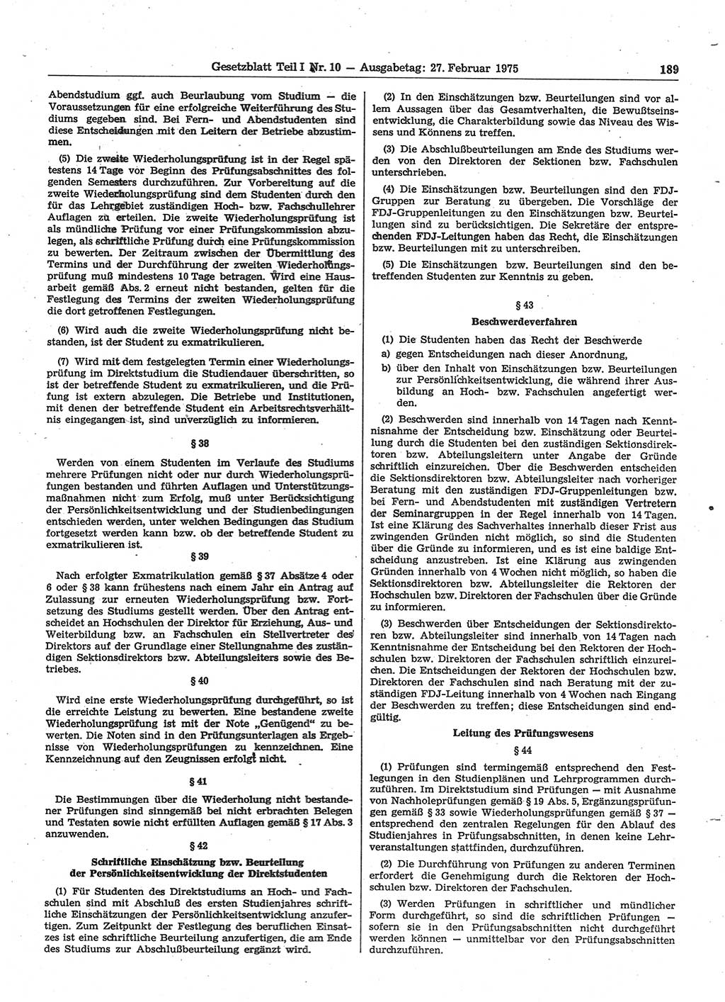 Gesetzblatt (GBl.) der Deutschen Demokratischen Republik (DDR) Teil Ⅰ 1975, Seite 189 (GBl. DDR Ⅰ 1975, S. 189)