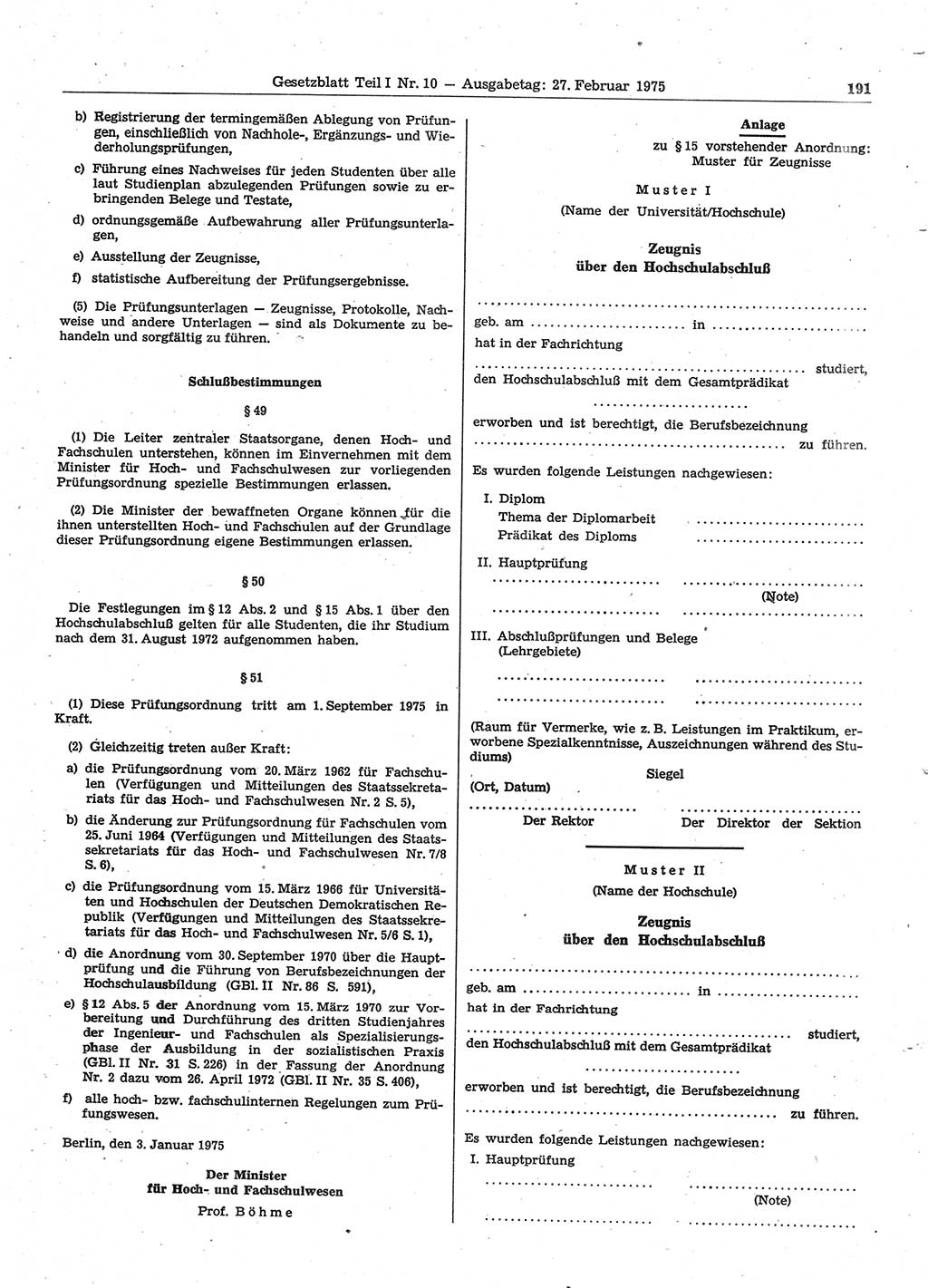 Gesetzblatt (GBl.) der Deutschen Demokratischen Republik (DDR) Teil Ⅰ 1975, Seite 191 (GBl. DDR Ⅰ 1975, S. 191)