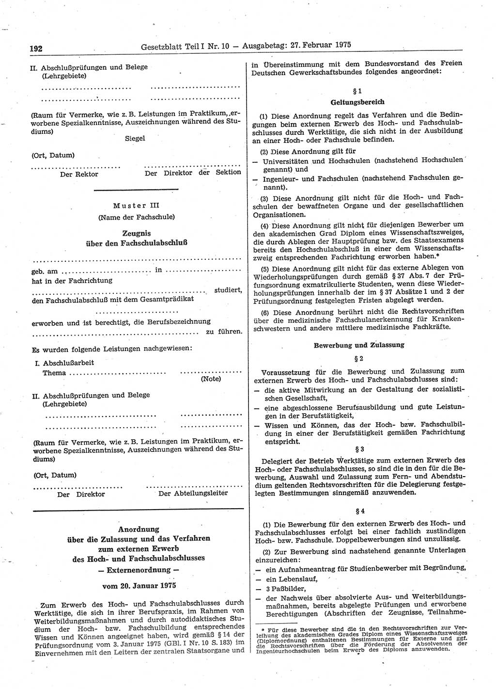 Gesetzblatt (GBl.) der Deutschen Demokratischen Republik (DDR) Teil Ⅰ 1975, Seite 192 (GBl. DDR Ⅰ 1975, S. 192)
