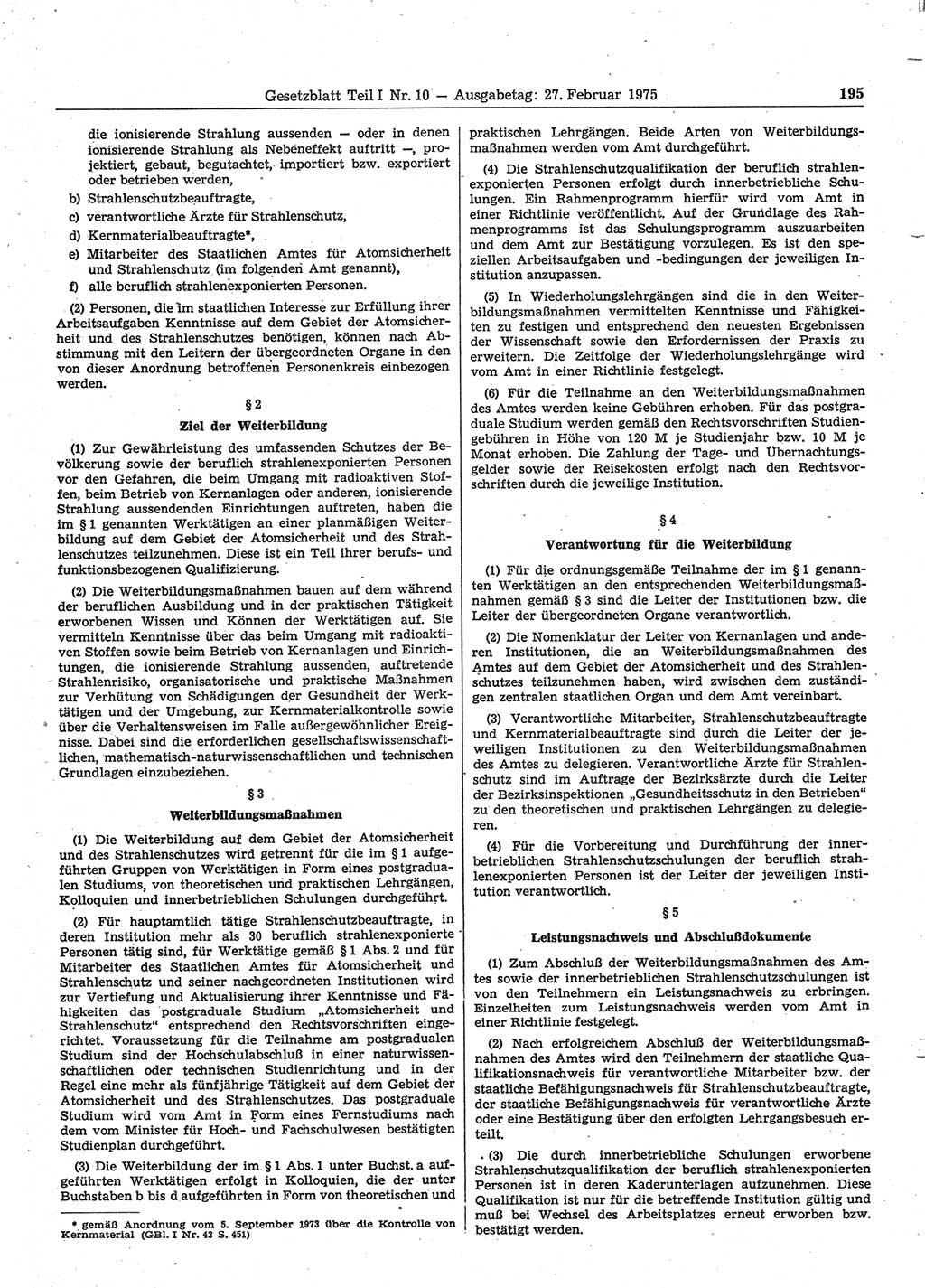 Gesetzblatt (GBl.) der Deutschen Demokratischen Republik (DDR) Teil Ⅰ 1975, Seite 195 (GBl. DDR Ⅰ 1975, S. 195)