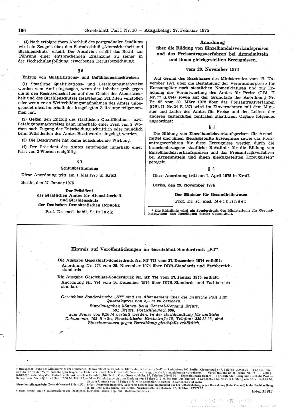 Gesetzblatt (GBl.) der Deutschen Demokratischen Republik (DDR) Teil Ⅰ 1975, Seite 196 (GBl. DDR Ⅰ 1975, S. 196)