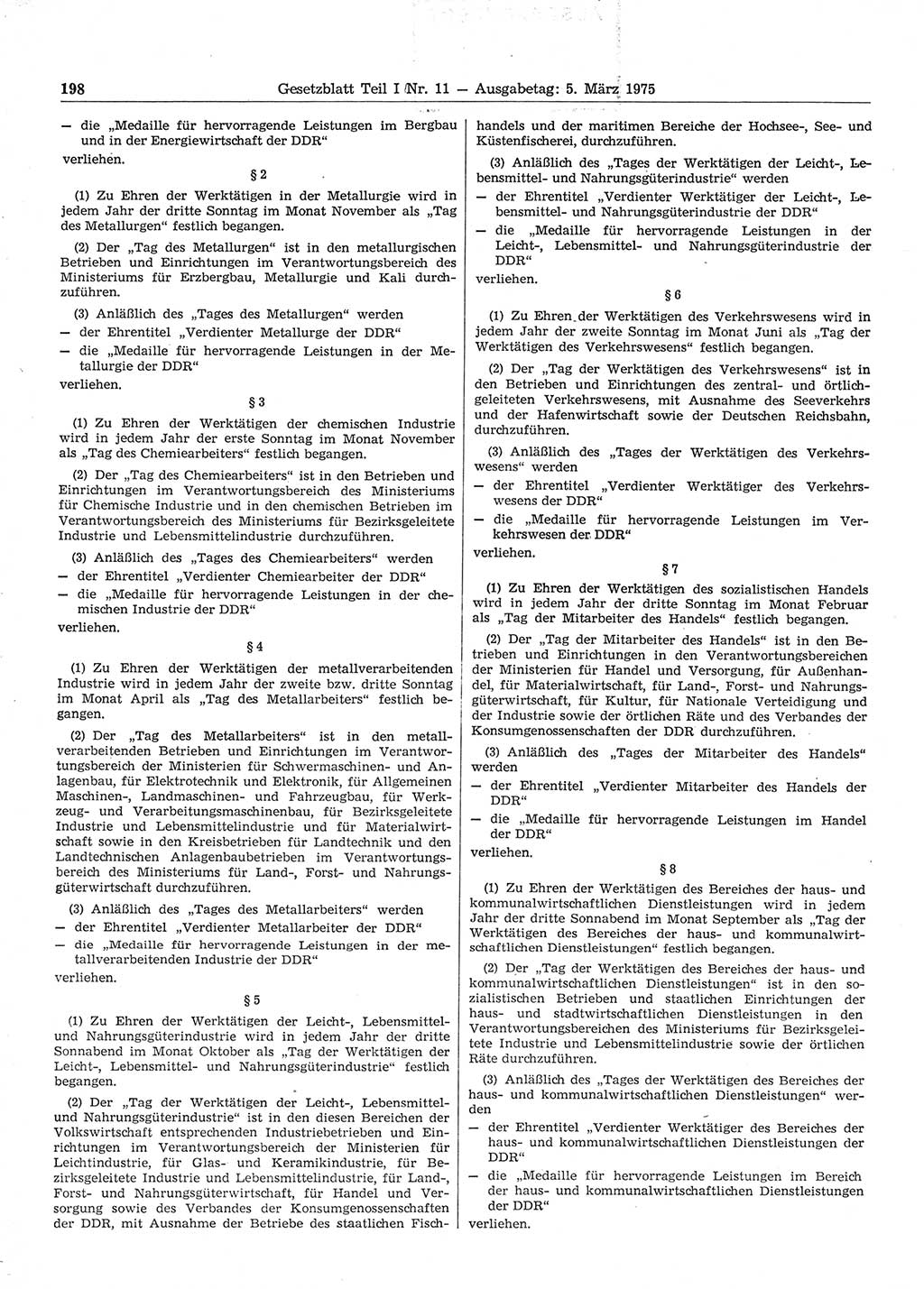 Gesetzblatt (GBl.) der Deutschen Demokratischen Republik (DDR) Teil Ⅰ 1975, Seite 198 (GBl. DDR Ⅰ 1975, S. 198)