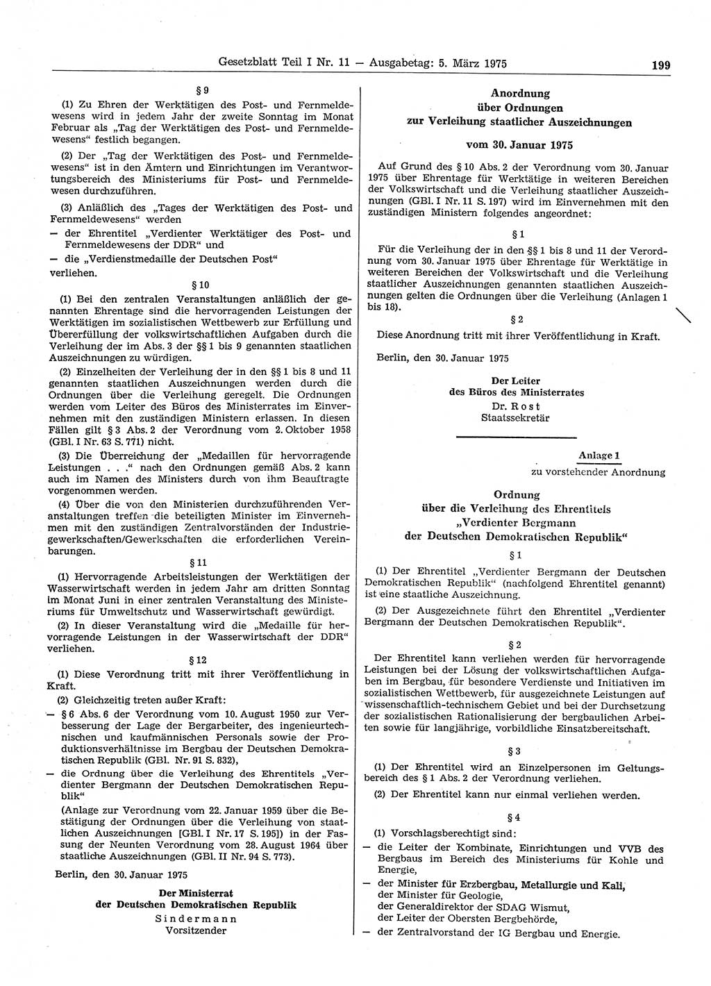 Gesetzblatt (GBl.) der Deutschen Demokratischen Republik (DDR) Teil Ⅰ 1975, Seite 199 (GBl. DDR Ⅰ 1975, S. 199)