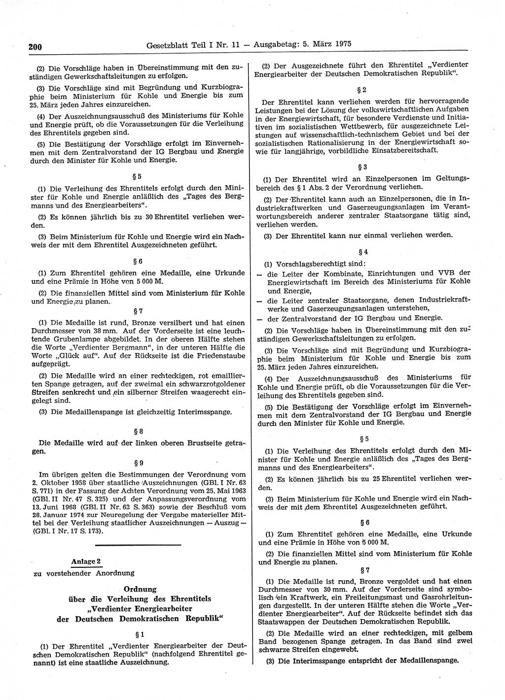 Gesetzblatt (GBl.) der Deutschen Demokratischen Republik (DDR) Teil Ⅰ 1975, Seite 200 (GBl. DDR Ⅰ 1975, S. 200)