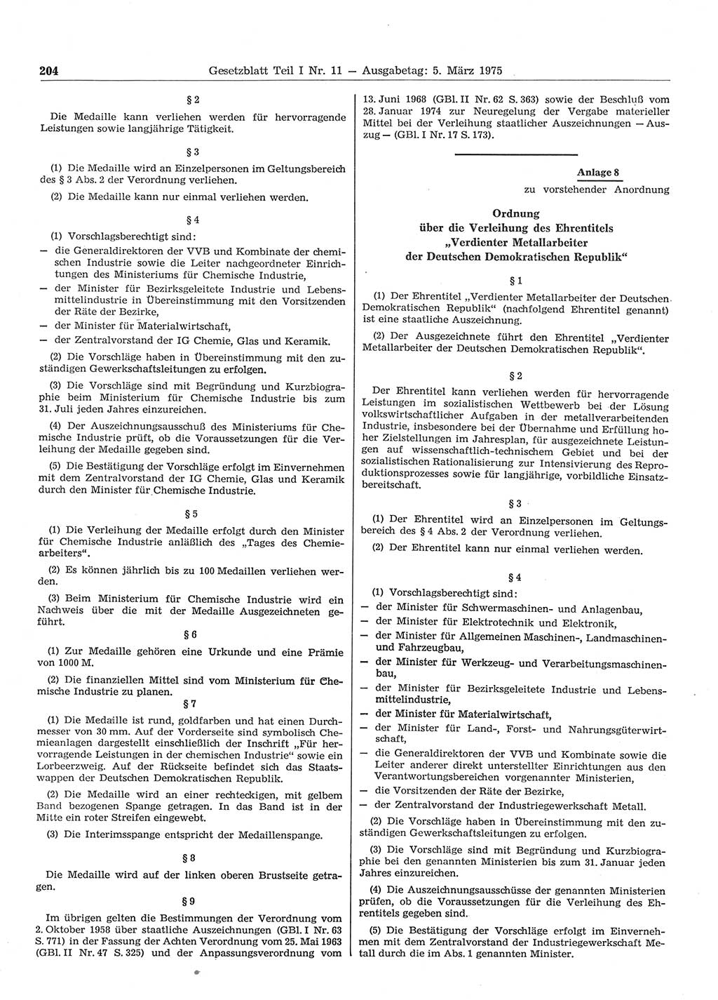 Gesetzblatt (GBl.) der Deutschen Demokratischen Republik (DDR) Teil Ⅰ 1975, Seite 204 (GBl. DDR Ⅰ 1975, S. 204)