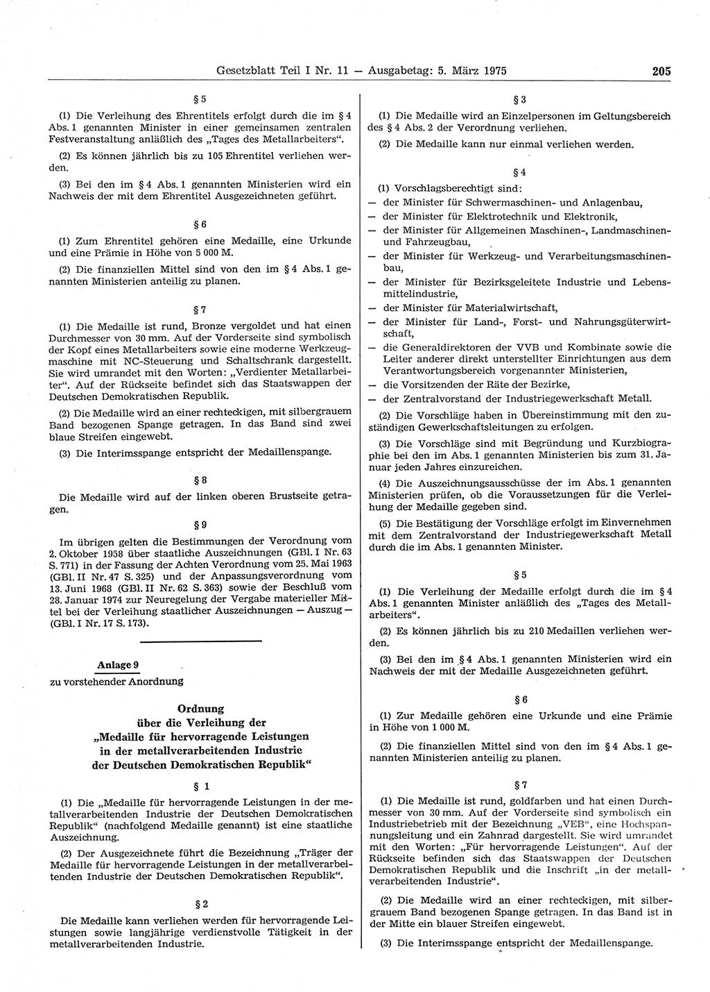 Gesetzblatt (GBl.) der Deutschen Demokratischen Republik (DDR) Teil Ⅰ 1975, Seite 205 (GBl. DDR Ⅰ 1975, S. 205)