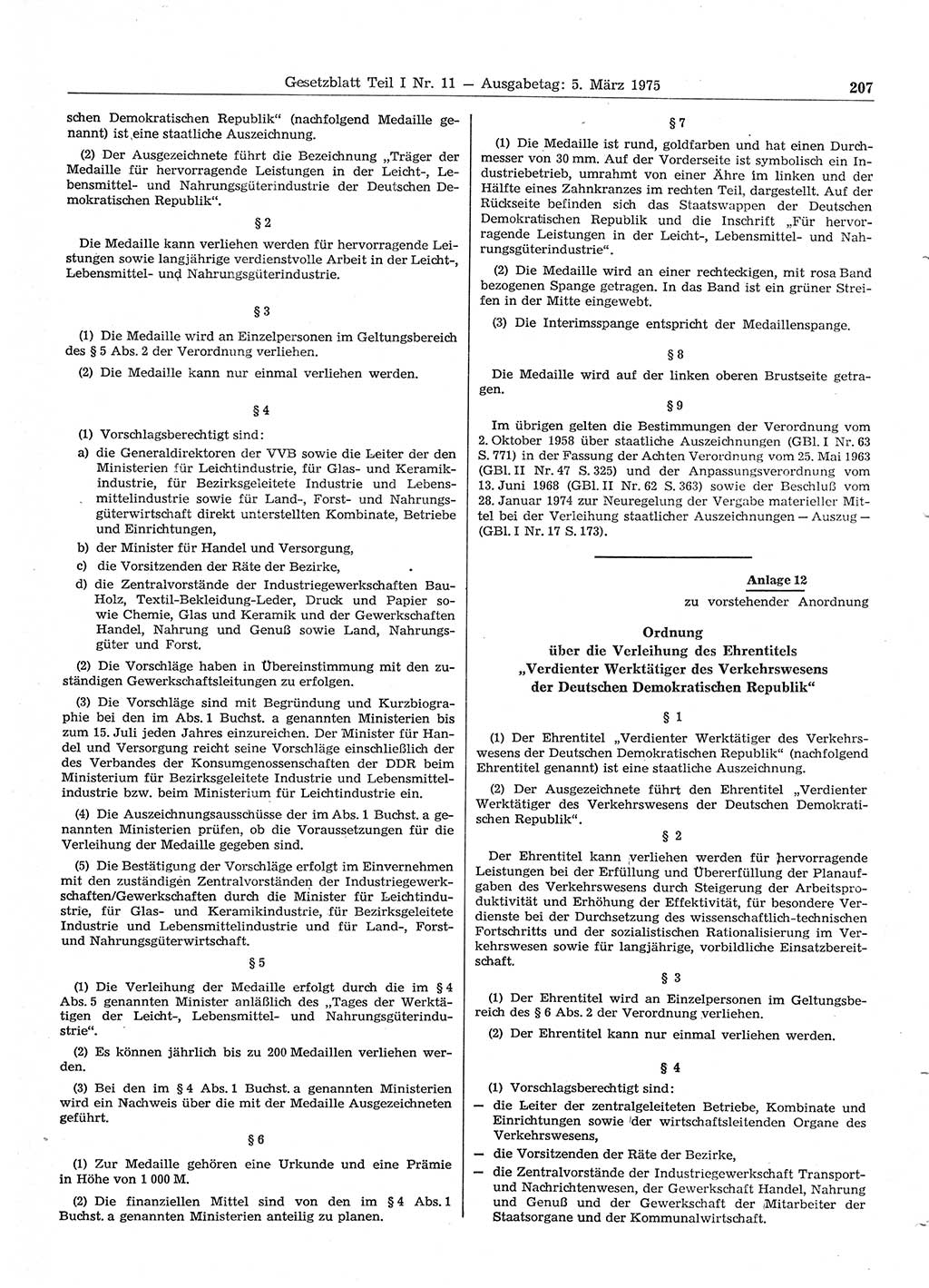 Gesetzblatt (GBl.) der Deutschen Demokratischen Republik (DDR) Teil Ⅰ 1975, Seite 207 (GBl. DDR Ⅰ 1975, S. 207)