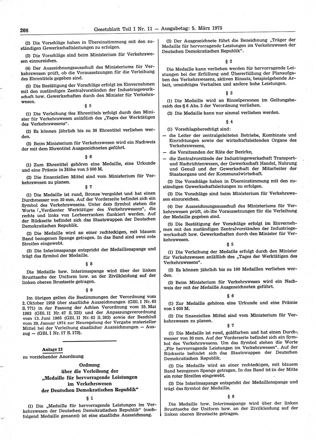 Gesetzblatt (GBl.) der Deutschen Demokratischen Republik (DDR) Teil Ⅰ 1975, Seite 208 (GBl. DDR Ⅰ 1975, S. 208)