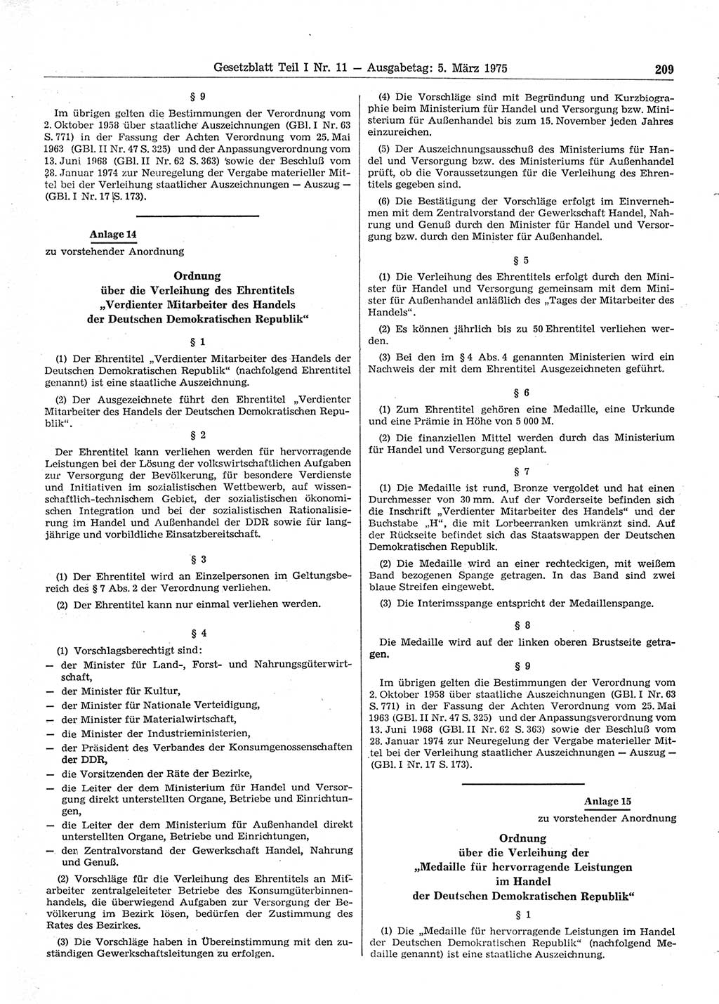 Gesetzblatt (GBl.) der Deutschen Demokratischen Republik (DDR) Teil Ⅰ 1975, Seite 209 (GBl. DDR Ⅰ 1975, S. 209)