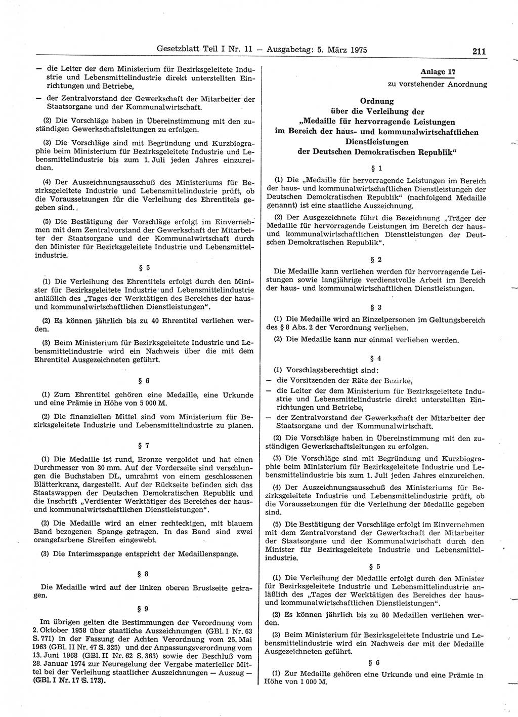 Gesetzblatt (GBl.) der Deutschen Demokratischen Republik (DDR) Teil Ⅰ 1975, Seite 211 (GBl. DDR Ⅰ 1975, S. 211)