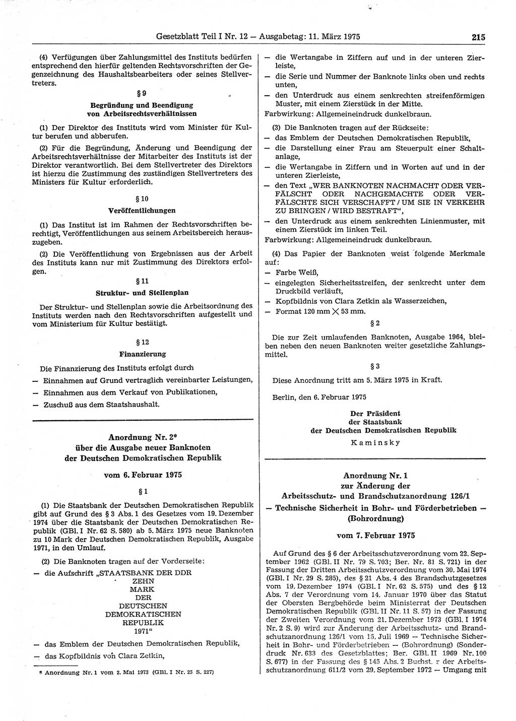 Gesetzblatt (GBl.) der Deutschen Demokratischen Republik (DDR) Teil Ⅰ 1975, Seite 215 (GBl. DDR Ⅰ 1975, S. 215)