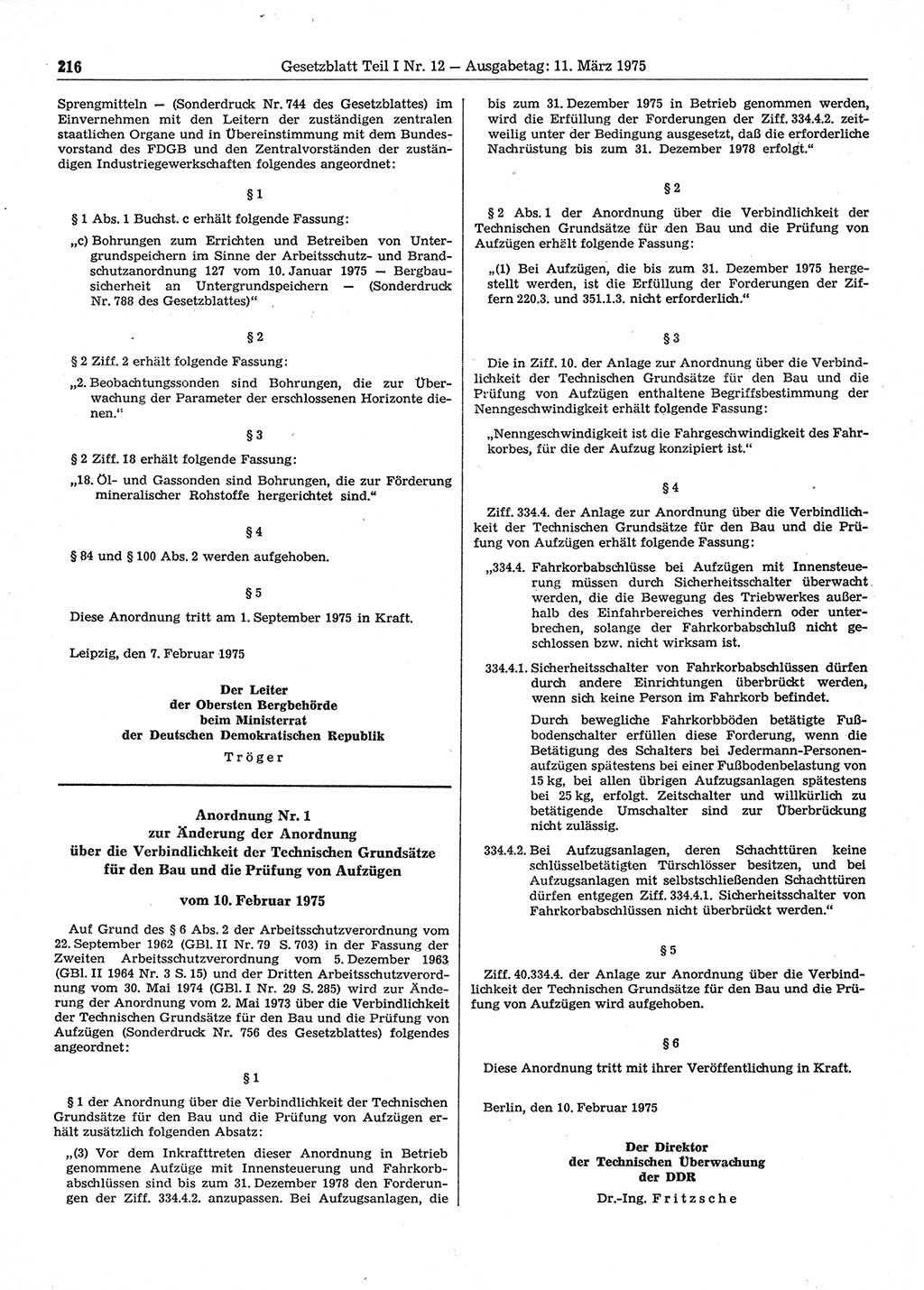 Gesetzblatt (GBl.) der Deutschen Demokratischen Republik (DDR) Teil Ⅰ 1975, Seite 216 (GBl. DDR Ⅰ 1975, S. 216)