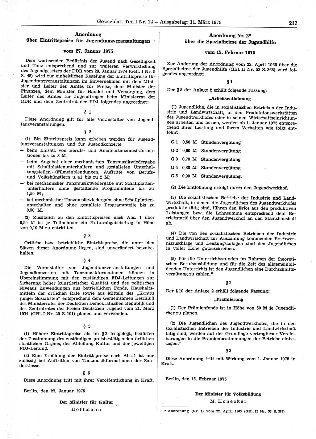Gesetzblatt (GBl.) der Deutschen Demokratischen Republik (DDR) Teil Ⅰ 1975, Seite 217 (GBl. DDR Ⅰ 1975, S. 217)