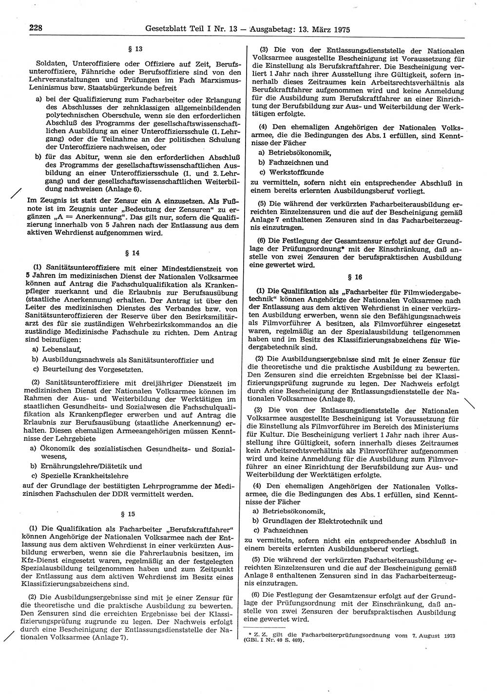 Gesetzblatt (GBl.) der Deutschen Demokratischen Republik (DDR) Teil Ⅰ 1975, Seite 228 (GBl. DDR Ⅰ 1975, S. 228)