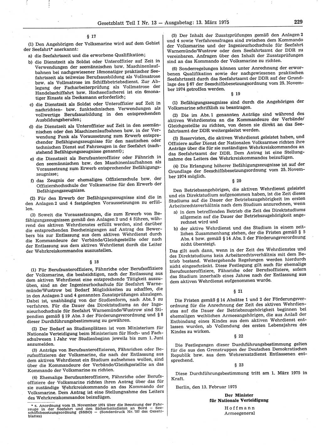 Gesetzblatt (GBl.) der Deutschen Demokratischen Republik (DDR) Teil Ⅰ 1975, Seite 229 (GBl. DDR Ⅰ 1975, S. 229)