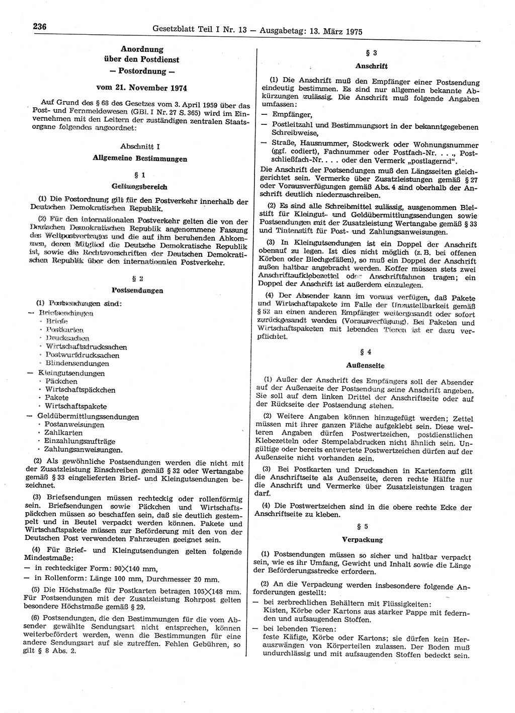 Gesetzblatt (GBl.) der Deutschen Demokratischen Republik (DDR) Teil Ⅰ 1975, Seite 236 (GBl. DDR Ⅰ 1975, S. 236)