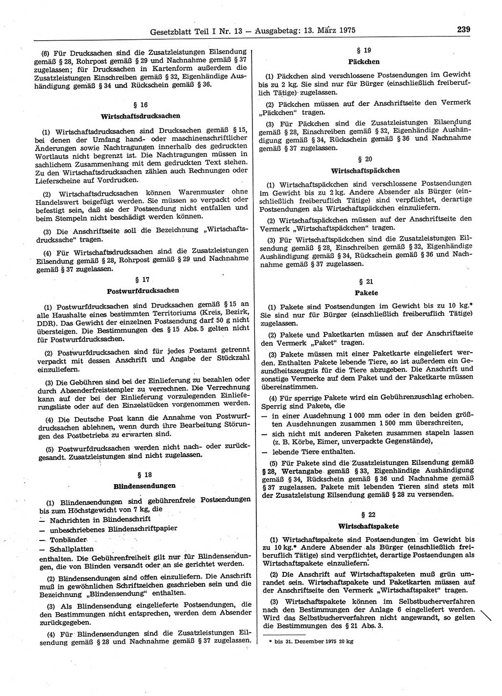 Gesetzblatt (GBl.) der Deutschen Demokratischen Republik (DDR) Teil Ⅰ 1975, Seite 239 (GBl. DDR Ⅰ 1975, S. 239)