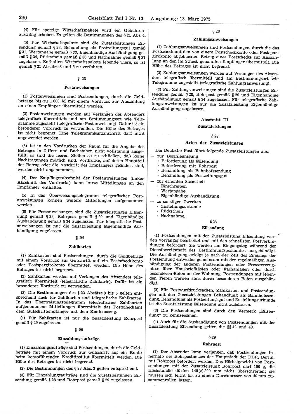 Gesetzblatt (GBl.) der Deutschen Demokratischen Republik (DDR) Teil Ⅰ 1975, Seite 240 (GBl. DDR Ⅰ 1975, S. 240)