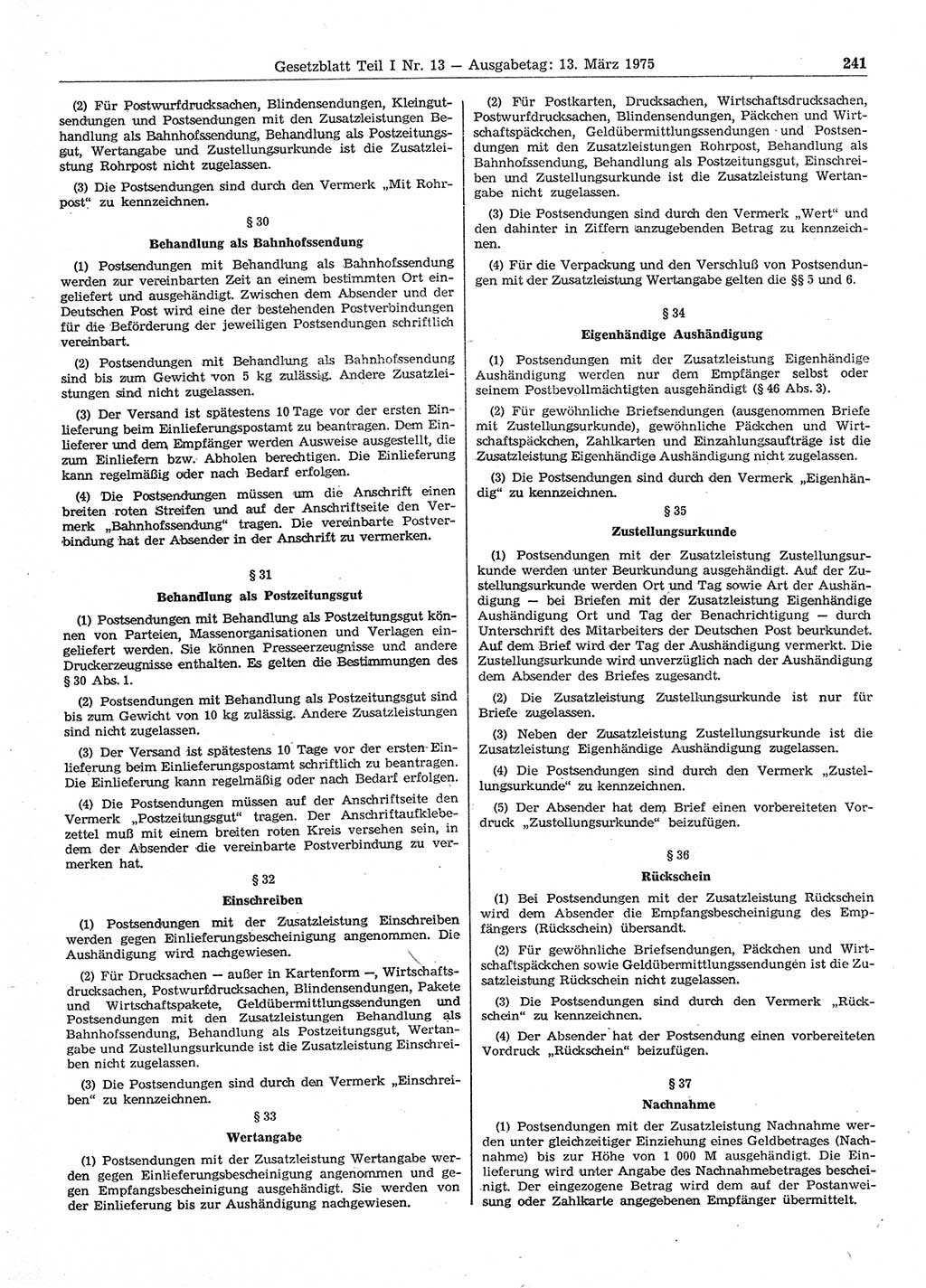 Gesetzblatt (GBl.) der Deutschen Demokratischen Republik (DDR) Teil Ⅰ 1975, Seite 241 (GBl. DDR Ⅰ 1975, S. 241)