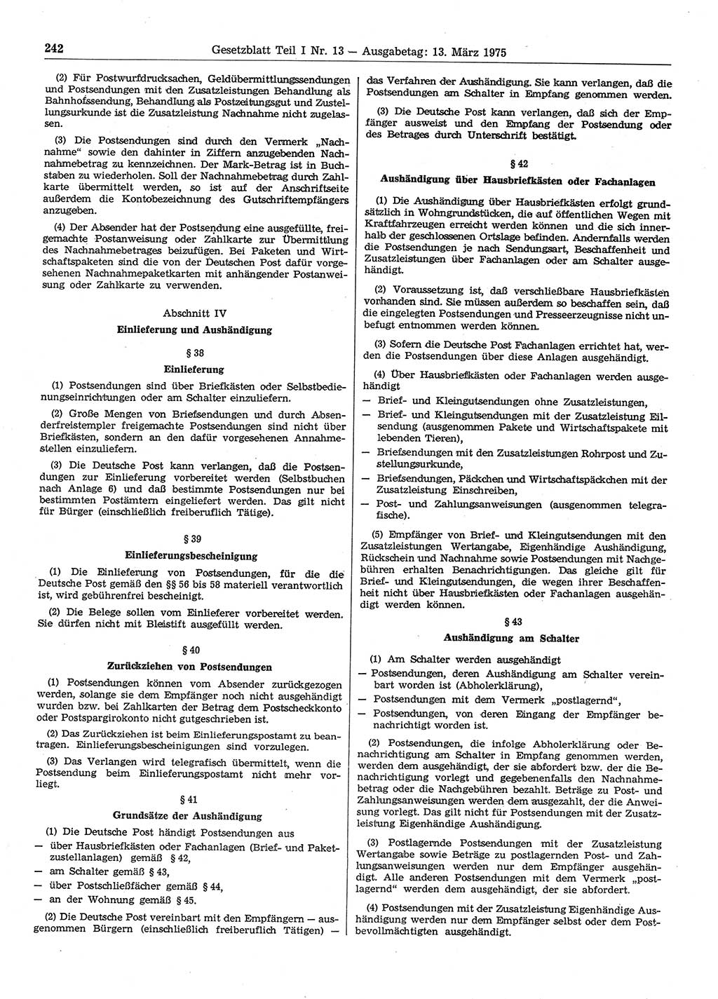 Gesetzblatt (GBl.) der Deutschen Demokratischen Republik (DDR) Teil Ⅰ 1975, Seite 242 (GBl. DDR Ⅰ 1975, S. 242)