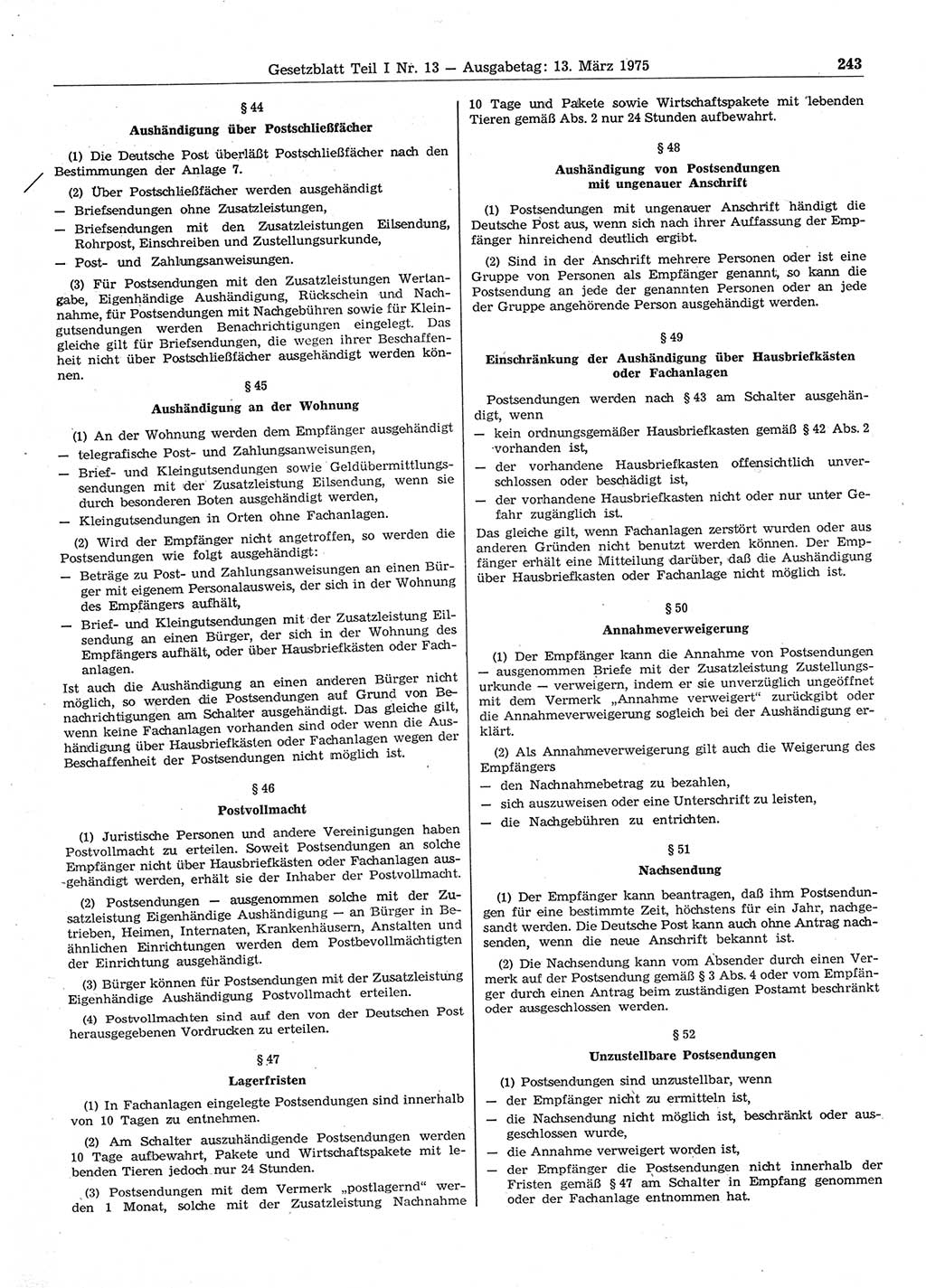 Gesetzblatt (GBl.) der Deutschen Demokratischen Republik (DDR) Teil Ⅰ 1975, Seite 243 (GBl. DDR Ⅰ 1975, S. 243)