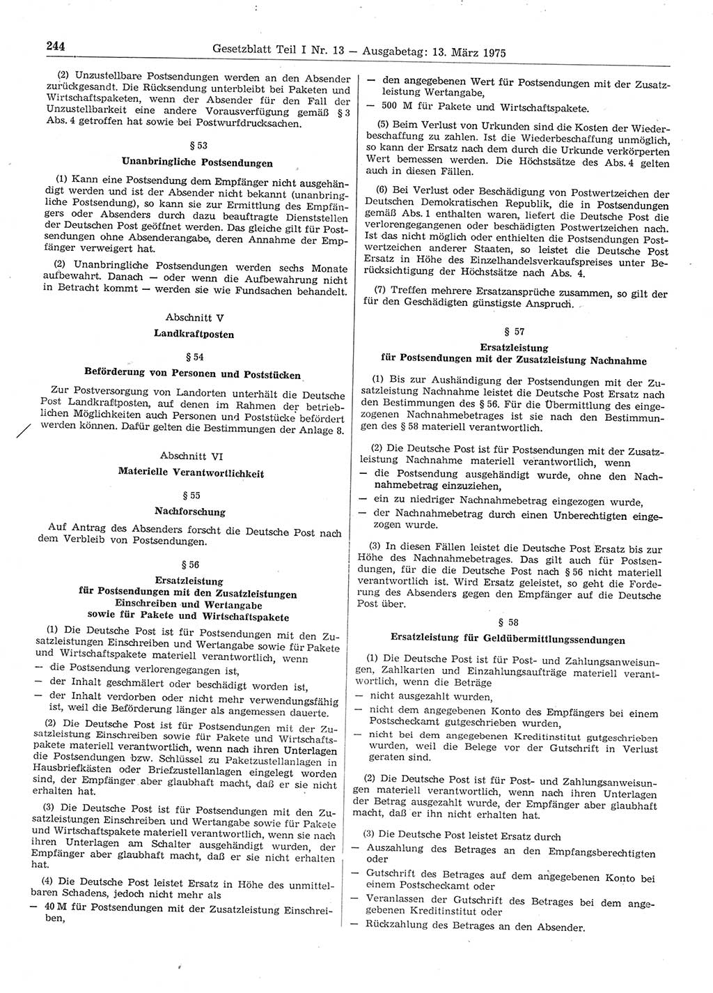 Gesetzblatt (GBl.) der Deutschen Demokratischen Republik (DDR) Teil Ⅰ 1975, Seite 244 (GBl. DDR Ⅰ 1975, S. 244)