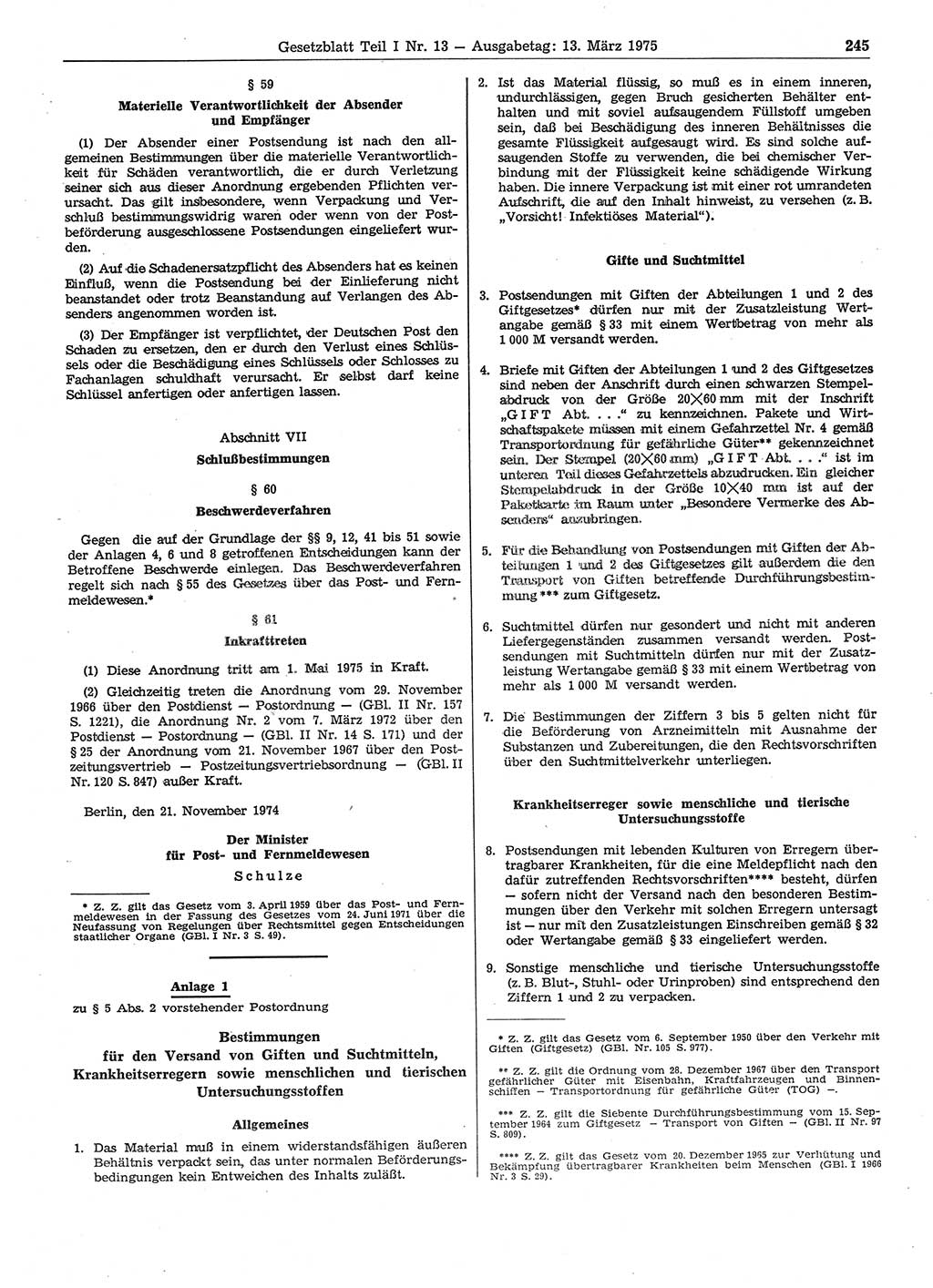 Gesetzblatt (GBl.) der Deutschen Demokratischen Republik (DDR) Teil Ⅰ 1975, Seite 245 (GBl. DDR Ⅰ 1975, S. 245)