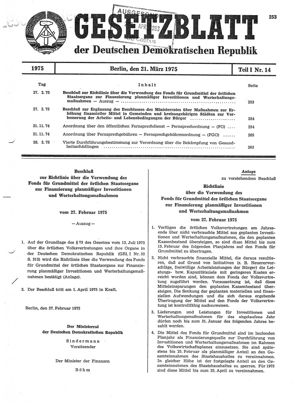 Gesetzblatt (GBl.) der Deutschen Demokratischen Republik (DDR) Teil Ⅰ 1975, Seite 253 (GBl. DDR Ⅰ 1975, S. 253)