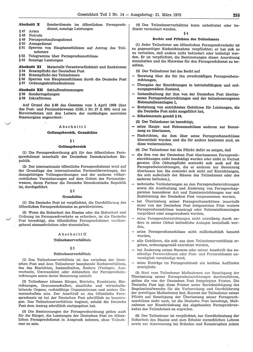 Gesetzblatt (GBl.) der Deutschen Demokratischen Republik (DDR) Teil Ⅰ 1975, Seite 255 (GBl. DDR Ⅰ 1975, S. 255)