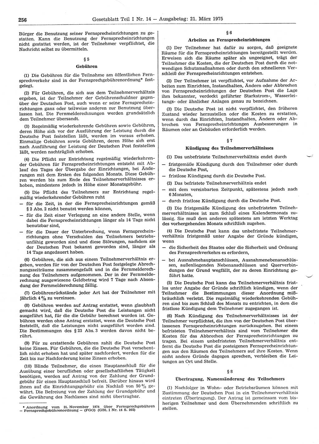 Gesetzblatt (GBl.) der Deutschen Demokratischen Republik (DDR) Teil Ⅰ 1975, Seite 256 (GBl. DDR Ⅰ 1975, S. 256)