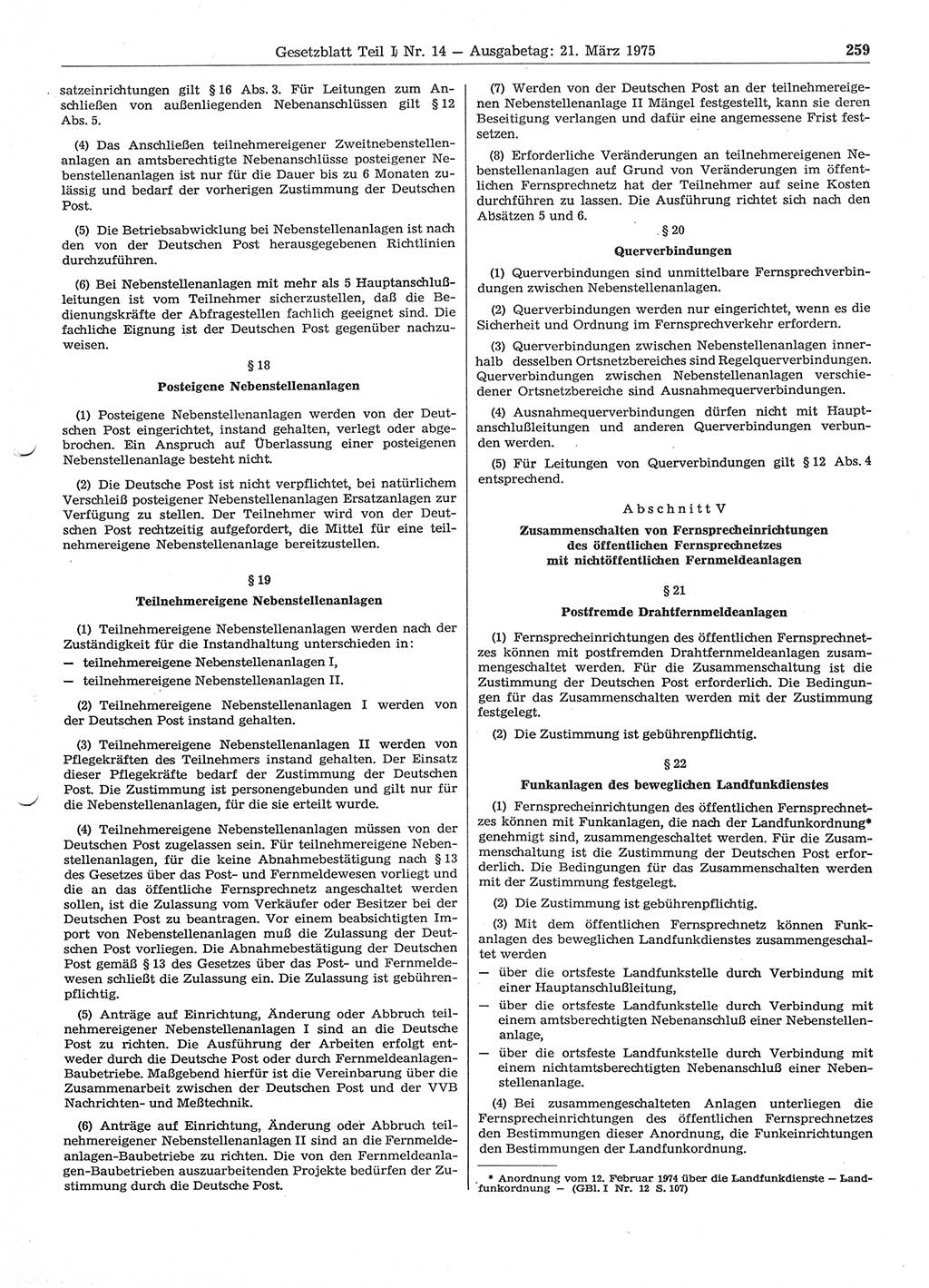Gesetzblatt (GBl.) der Deutschen Demokratischen Republik (DDR) Teil Ⅰ 1975, Seite 259 (GBl. DDR Ⅰ 1975, S. 259)