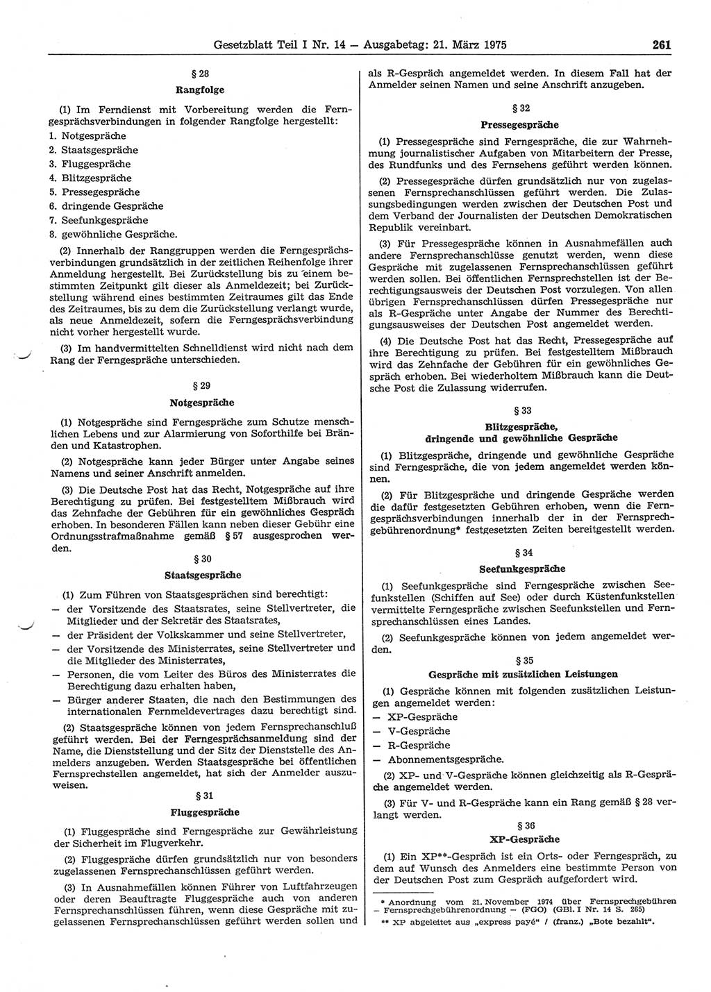 Gesetzblatt (GBl.) der Deutschen Demokratischen Republik (DDR) Teil Ⅰ 1975, Seite 261 (GBl. DDR Ⅰ 1975, S. 261)