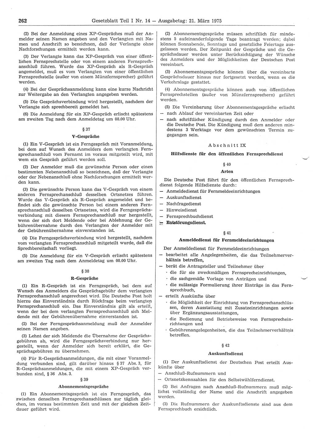 Gesetzblatt (GBl.) der Deutschen Demokratischen Republik (DDR) Teil Ⅰ 1975, Seite 262 (GBl. DDR Ⅰ 1975, S. 262)