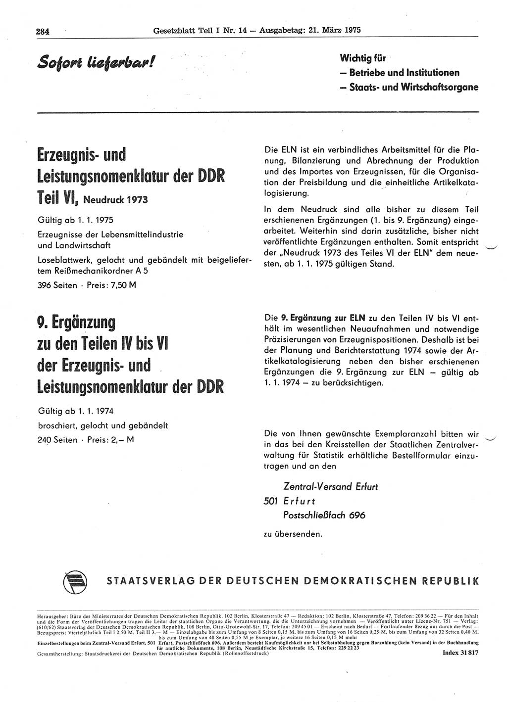 Gesetzblatt (GBl.) der Deutschen Demokratischen Republik (DDR) Teil Ⅰ 1975, Seite 284 (GBl. DDR Ⅰ 1975, S. 284)
