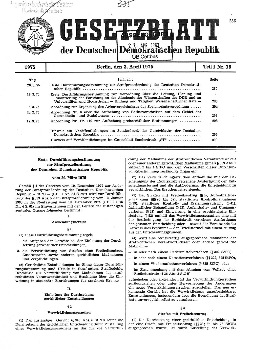 Gesetzblatt (GBl.) der Deutschen Demokratischen Republik (DDR) Teil Ⅰ 1975, Seite 285 (GBl. DDR Ⅰ 1975, S. 285)