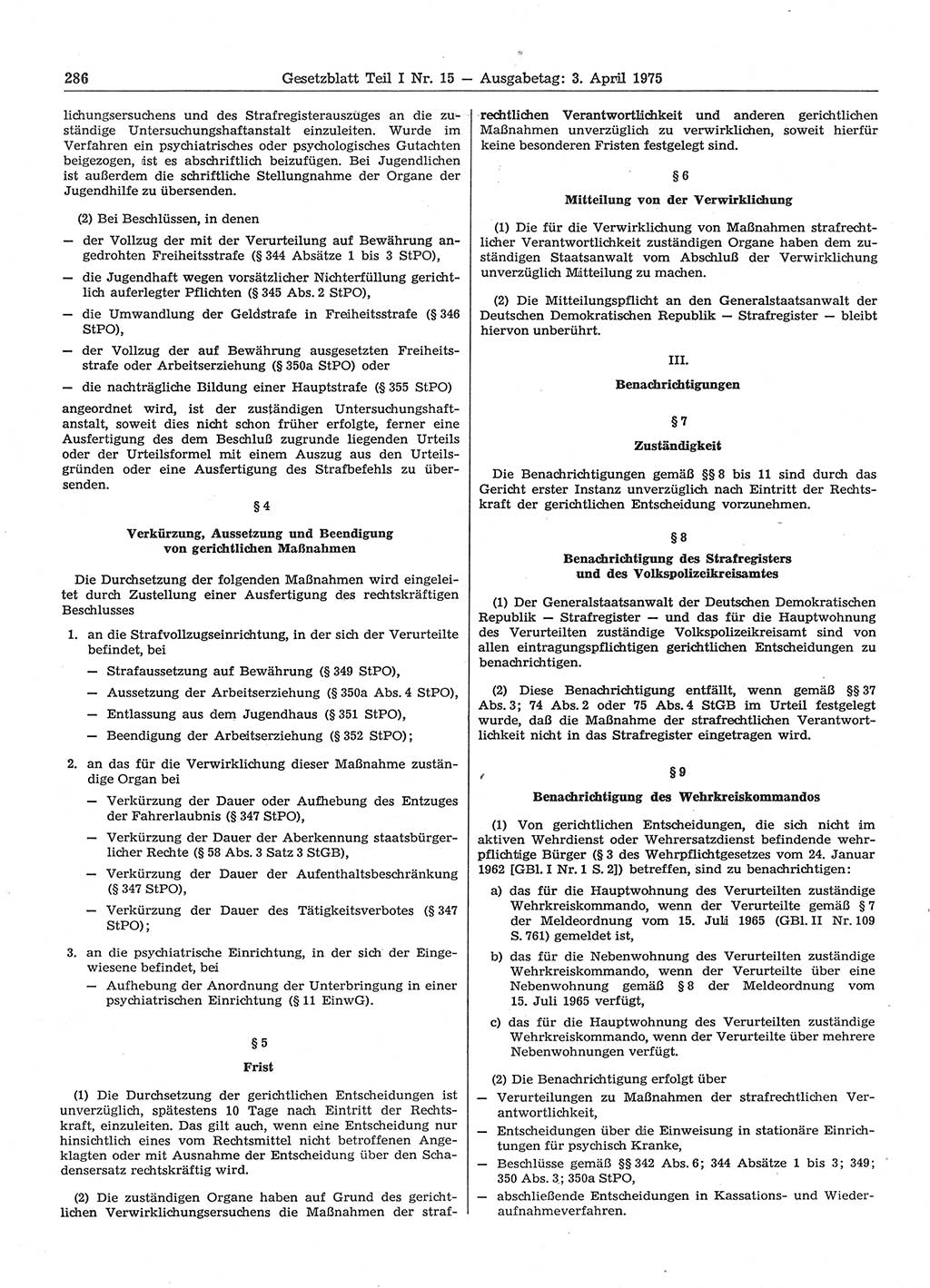 Gesetzblatt (GBl.) der Deutschen Demokratischen Republik (DDR) Teil Ⅰ 1975, Seite 286 (GBl. DDR Ⅰ 1975, S. 286)
