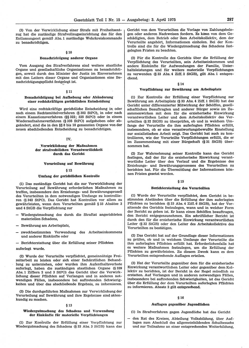 Gesetzblatt (GBl.) der Deutschen Demokratischen Republik (DDR) Teil Ⅰ 1975, Seite 287 (GBl. DDR Ⅰ 1975, S. 287)