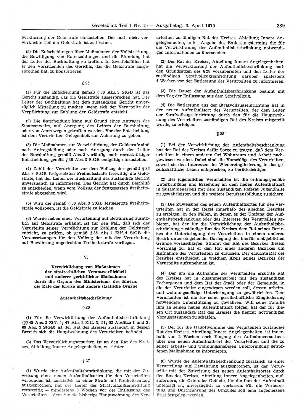 Gesetzblatt (GBl.) der Deutschen Demokratischen Republik (DDR) Teil Ⅰ 1975, Seite 289 (GBl. DDR Ⅰ 1975, S. 289)