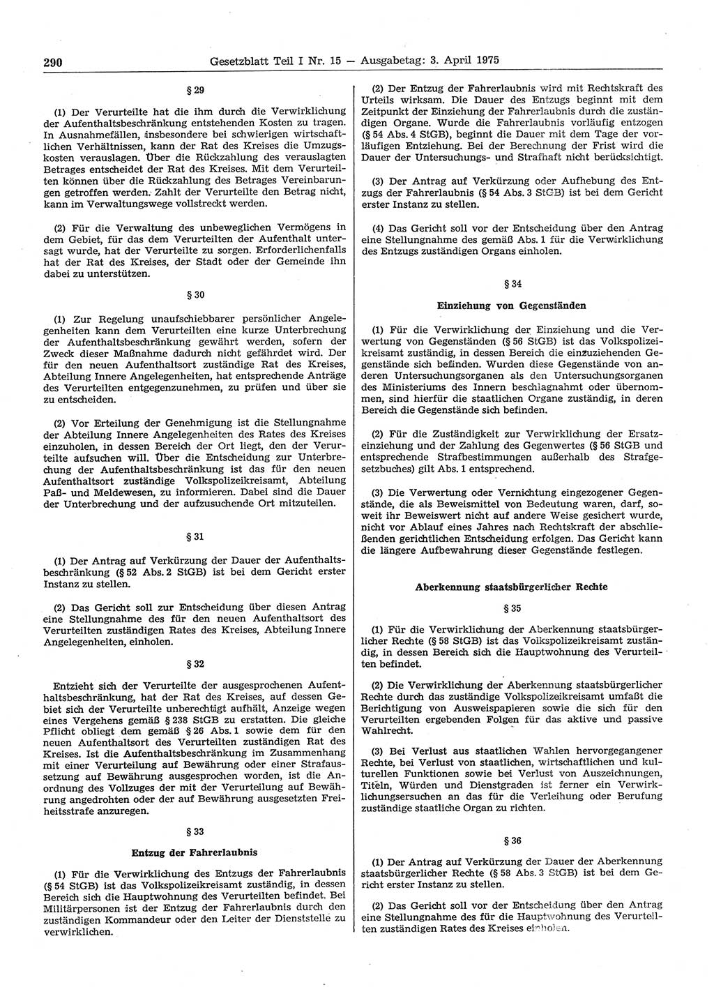 Gesetzblatt (GBl.) der Deutschen Demokratischen Republik (DDR) Teil Ⅰ 1975, Seite 290 (GBl. DDR Ⅰ 1975, S. 290)