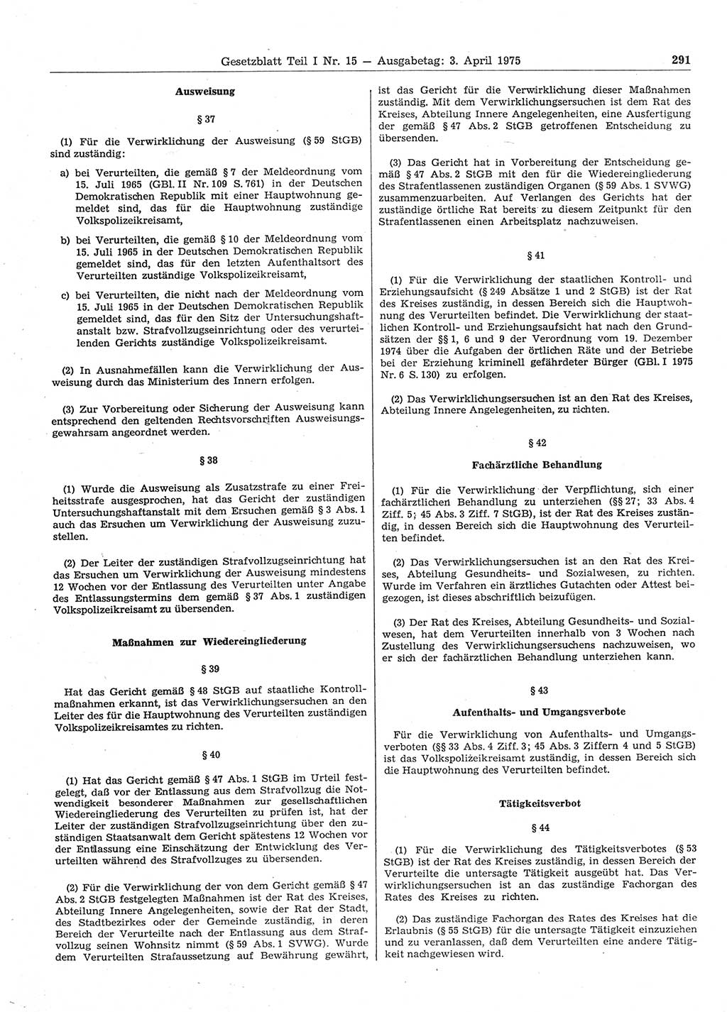 Gesetzblatt (GBl.) der Deutschen Demokratischen Republik (DDR) Teil Ⅰ 1975, Seite 291 (GBl. DDR Ⅰ 1975, S. 291)