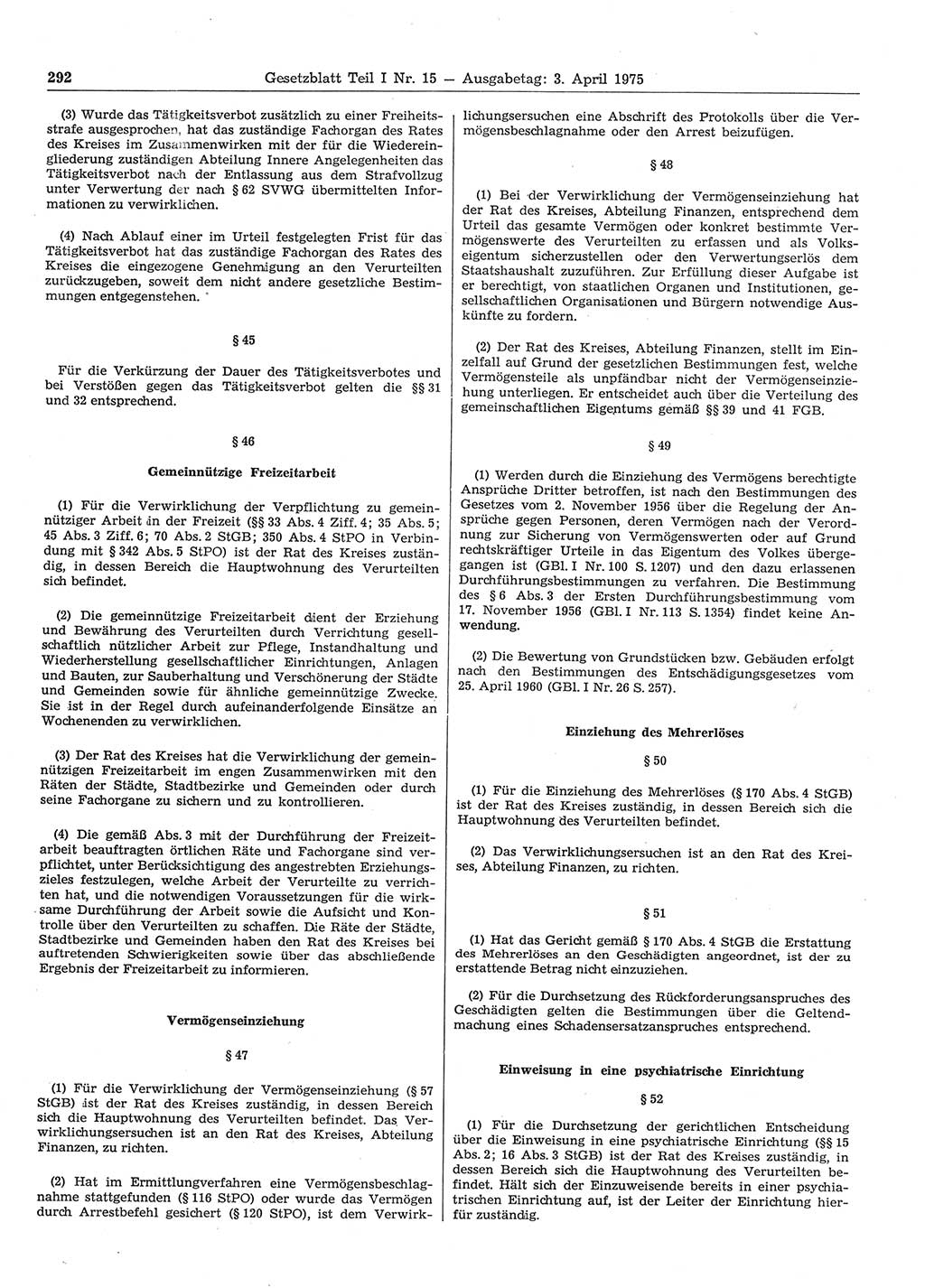 Gesetzblatt (GBl.) der Deutschen Demokratischen Republik (DDR) Teil Ⅰ 1975, Seite 292 (GBl. DDR Ⅰ 1975, S. 292)