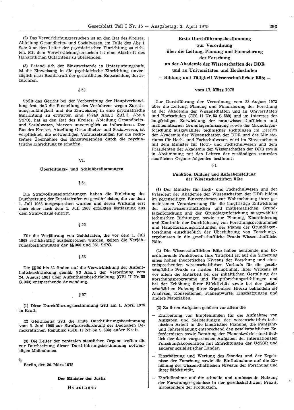 Gesetzblatt (GBl.) der Deutschen Demokratischen Republik (DDR) Teil Ⅰ 1975, Seite 293 (GBl. DDR Ⅰ 1975, S. 293)