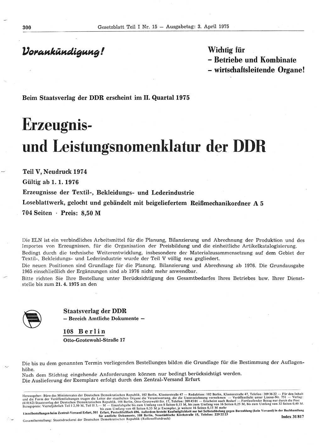 Gesetzblatt (GBl.) der Deutschen Demokratischen Republik (DDR) Teil Ⅰ 1975, Seite 300 (GBl. DDR Ⅰ 1975, S. 300)