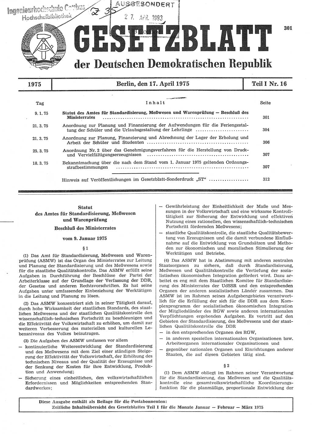 Gesetzblatt (GBl.) der Deutschen Demokratischen Republik (DDR) Teil Ⅰ 1975, Seite 301 (GBl. DDR Ⅰ 1975, S. 301)